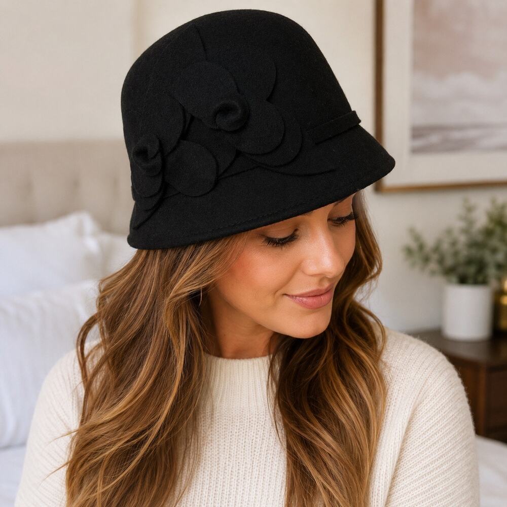Nine West Women’s Black Wool Cloche Hat Floral Appliqué Felt Dress Hat